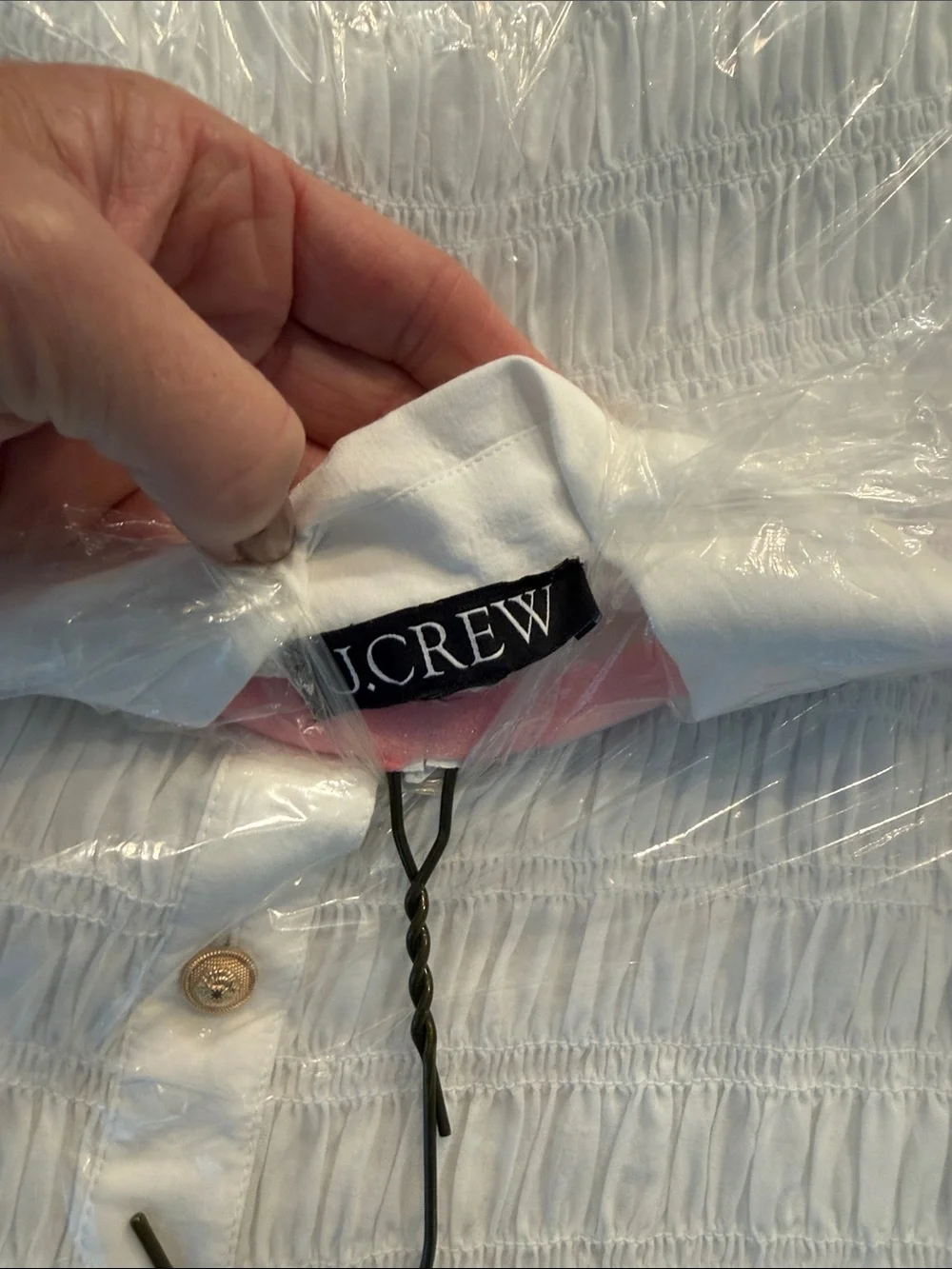Worn once, J. Crew White Short-Sleeve Smocked Button-Down Shirt